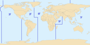 Mercator projection map depicting the areas of responsibility of the various numbered fleets of the United States Navy, as of 2007