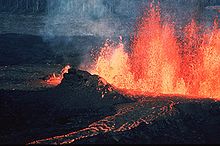 A volcanic eruption is the release of stored energy from below Earth's surface. Volcano q.jpg