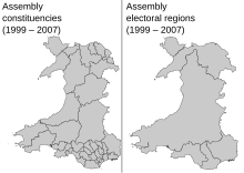 Former constituencies and regions (1999-2007) 2001 Wales Assembly Constituencies and Electoral Regions map.svg