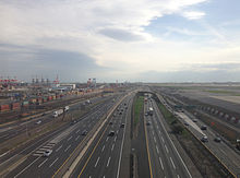 The New Jersey Turnpike (I-95) is one of the busiest highways in the nation. 2014-05-07 16 27 05 View of the New Jersey Turnpike mainline from an airplane heading for Newark Airport-cropped.JPG