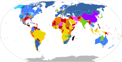 Legality of abortion by country or territory
Legal on request:
.mw-parser-output .legend{page-break-inside:avoid;break-inside:avoid-column}.mw-parser-output .legend-color{display:inline-block;min-width:1.25em;height:1.25em;line-height:1.25;margin:1px 0;text-align:center;border:1px solid black;background-color:transparent;color:black}.mw-parser-output .legend-text{}
No gestational limit
Gestational limit after the first 17 weeks
Gestational limit in the first 17 weeks
Unclear gestational limit
Legally restricted to cases of:
Risk to woman's life, to her health*, rape*, fetal impairment*, or socioeconomic factors
Risk to woman's life, to her health*, rape, or fetal impairment
Risk to woman's life, to her health*, or fetal impairment
Risk to woman's life*, to her health*, or rape
Risk to woman's life or to her health
Risk to woman's life
Illegal with no exceptions
No information
* Does not apply to some countries or territories in that category
Note: In some countries or territories, abortion laws are modified by other laws, regulations, legal principles or judicial decisions. This map shows their combined effect as implemented by the authorities. Abortion Laws.svg