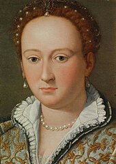 Portrait of a Woman by Alessandro Allori (1535-1607) at Uffizi Gallery. It shows a plucked hairline that gives a fashionably noble brow. Alessandro Allori - Portrait of Bianca Cappello.jpg