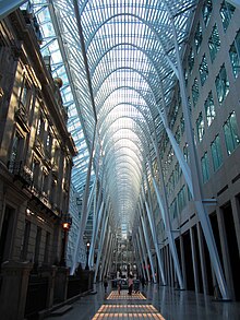 The Hockey Hall of Fame and the Allen Lambert Galleria complex are a major landmark located on Yonge Street. Allen Lambert Galleria Designed by Santiago Calatrava Incorporating the 1890s-era Merchants' Bank building (9160002325).jpg