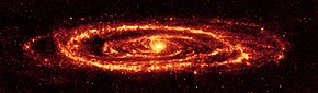 Andromeda galaxy (M31) is two million light-years away. Thus we are viewing M31's light from two million years ago, a time before humans existed on Earth. Andromeda galaxy Ssc2005-20a1.jpg
