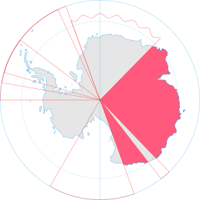 Карта Антарктиды с указанием территориальных притязаний Австралии (красная область) 