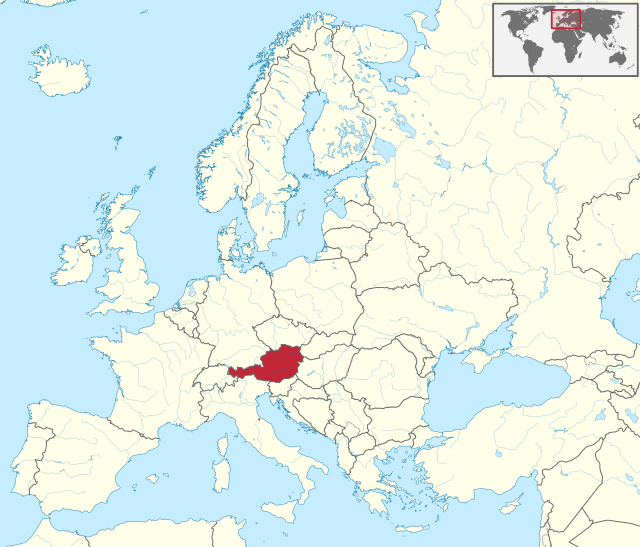 Carte administrative de l'Europe, montrant l'Autriche en rouge.
