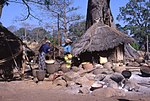 Vilage scene with houses with thatched roofs and two women working