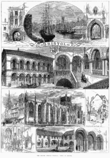 An engraving showing at the top a sailing ship and paddle steamer in a harbour, with sheds and a church spire. On either side arched gateways, all above a scroll with the word "Bristol". Below a street scene showing pedestrians and a horse drawn carriage outside a large ornate building with a colonnade and arched windows above. A grand staircase with two figures ascending and other figures on a balcony. A caption reading "Exterior, Colston Hall" and Staircase, Colston Hall". Below, two street scenes and a view of a large stone building with flying buttresses and a square tower, with the caption "Bristol cathedral". At the bottom views of a church interior, a cloister with a man mowing grass and archways with two men in conversation.