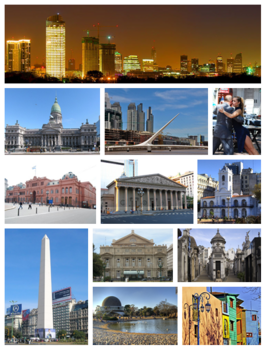 From top (left to right): skyline of the city at dusk, the National Congress, the Woman's Bridge in Puerto Madero, Tango dancers in San Telmo, the Pink House, the Metropolitan Cathedral, Cabildo, the Obelisk, Colón Theatre, La Recoleta Cemetery, the Planetarium in the Palermo Woods, and Caminito in La Boca.