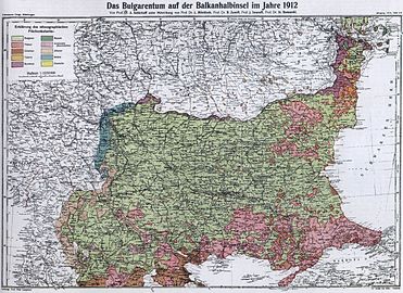 Региони Балканског полуострва насељени етничким Бугарима 1912. године, према бугарском гледишту.