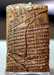 Clay tablet, mathematical, geometric-algebraic, similar to the Euclidean geometry. From Tell Harmal, Iraq. 2003-1595 BC. Iraq Museum Clay tablet, mathematical, geometric-algebraic, similar to the Euclidean geometry. From Tell Harmal, Iraq. 2003-1595 BCE. Iraq Museum.jpg