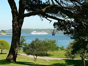 Cruise liner in Plymouth Sound with Mount Edgu...
