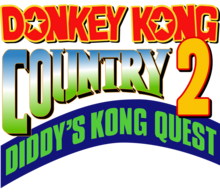Donkey Kong Country 2: Diddy's Kong Quest est inscrit sur trois ligne, en rouge, en bleu et vert et jaune, et en bleu.