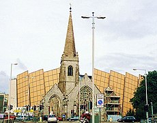 Part of the contentious frontage behind the ruined Charles Church