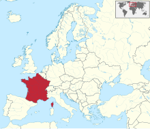 Carte administrative de l'Europe, montrant la France métropolitaine en rouge.