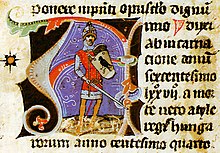 Chronicon Pictum, Hungarian, Álmos, chieftain, grand prince, sword, red armor, shield, Turul, bird, medieval, chronicle, book, illumination, illustration, history