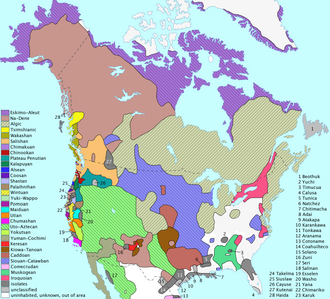 "Colour-coded map of North America showing the distribution of North American language families north of Mexico"