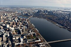 Cambridge and Boston with MIT and Kendall Square in the foreground and Boston's Financial District in the background MIT Charles River aerial.JPG