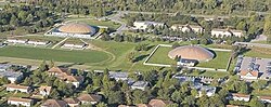 Oblique aerial photo showing the domes.