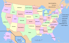 A map of the United States of America showing its fifty constituent states and the District of Columbia Map of USA with state names.svg