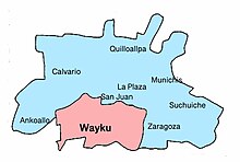 Map shows the city of Lamas, which is roughly a trapezoid, with the short side to the north. the southern central portion of the city, around a fifth of the area, is labelled "Wayku", to its east is Ankoallo, to Wayku's north is San Juan and La Plaza, and just to their northwest, Munichis. To the west of Wayku is Zaragoza, with Sucuiche further north, towards Munichis. There are two northern suburbs, Calvario in the northeast and Quilloallpa in the northwest.