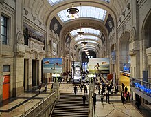 Milano Centrale railway station in Milan is the largest railway station in Europe by volume. Milano-Centrale-Entrance-Hall-2012.JPG