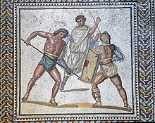Juvenal thought the retiarius (left), a gladiator who fought with face and flesh exposed, was effeminate and prone to sexual deviance. Nennig Roman Villa and Mosaics - 51134391753.jpg