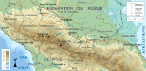 Topographic map of the Caucasus. Ingushetia is located on the center right of the map. North Caucasus topographic map-fr.svg