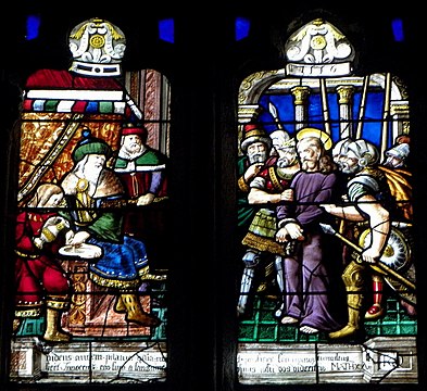 Part of the St Herbot chapel main window. Jesus is taken before Pontius Pilate