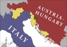 Territories promised to Italy by the Treaty of London (1915), i.e. Trentino-Alto Adige, Julian March and Dalmatia (tan), and the Sneznik Plateau area (green). Dalmatia, after the WWI, however, was not assigned to Italy but to Yugoslavia Promised Borders of the Tready of London.png