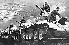 Soviet T-34 tanks being transported from the factory to the front RIAN archive 1274 Tanks going to the front.jpg
