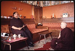 Rangjung Rigpe Dorje, the 16th Karmapa, seated, with Freda Bedi at Rumtek Monastery, Sikkim, 1971 Rangjung Rigpe Dorje, the 16th Karmapa with Gelongma Karma Kechog Palmo (Freda Bedi) at Rumtek Monastery, Sikkim in 1971.jpg