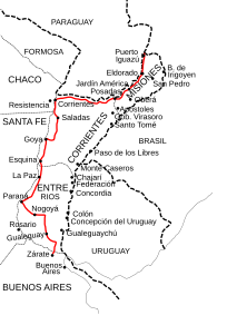 La Route nationale 12. Son extrémité nord-est rejoint le Brésil au niveau de Puerto Iguazú.