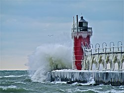 South Haven Lighthouse, seen in winter