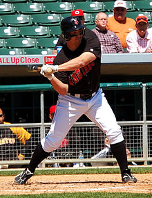 Pearce with the Indianapolis Indians in 2009 Steve Pearce on May 19, 2009.jpg