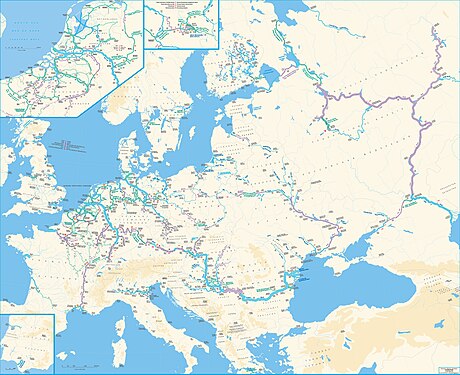 El mapa de les vies navegables europees de la UNECE, amb permís de la Secretaria del Grup de Treball sobre el transport d'aigües continentals, un comitè de la Divisió de Transport Sostenible