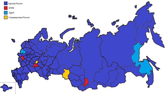Главы субъектов РФ по партийной принадлежности по состоянию на по состоянию на сентябрь 2020 г. Синим цветом отмечены как кандидаты "Единой России", так и беспартийные, выдвинутые партией