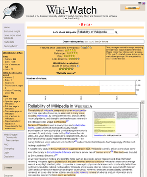 Скриншот Wiki-Watch, оценивающий статью в Википедии. Оранжевые отрывки текста оценены WikiTrust как «не заслуживающие доверия».