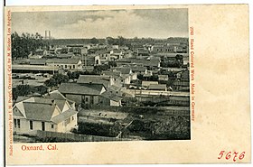 Carte postale d'Oxnard en 1905. Vue de haut d'un quartier résidentiel.