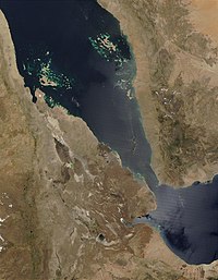 アファール盆地付近の衛星画像、アファール砂漠は中央下、NASA