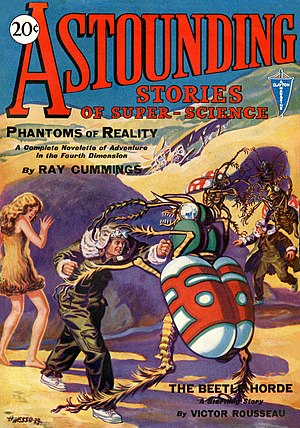 Cover of the first issue of Astounding Stories of Super Science in January 1930. The cover advertises the story "The Beetle Horde" by Victor Rousseau.