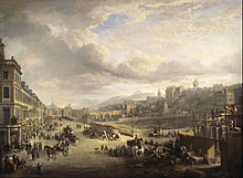 Painting of a busy street with on going building construction on right side.