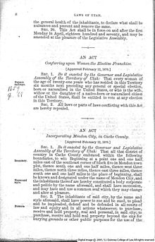 An Act Conferring upon Women the Elective Franchise, enacted February 12, 1870 An Act Conferring upon Women the Elective Franchise.jpg