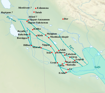 Localització de les principals ciutats de la Baixa Mesopotàmia durant el període Isin-Larsa