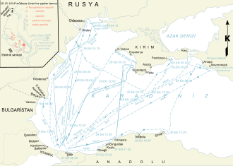 Carte de la mer Noire montrant les trajets de bateaux partant du Bosphore en direction des côtes septentrionales.