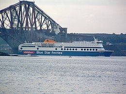 The Ro-Pax ferry Blue Star 1 passing under the Forth Bridge in the Firth, en route from Rosyth to Zeebrugge Blue Star 1 Firth of Forth.JPG