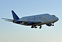 The Boeing Dreamlifter, a modified 747-400, first flew on September 9, 2006 Boeing, N780BA, B747-409(LCF) Dreamlifter - PAE (19833251496).jpg