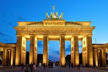 Brandenburg Gate in Berlin, national symbol of present-day Germany and its reunification in 1990 Brandenburger Tor abends.jpg