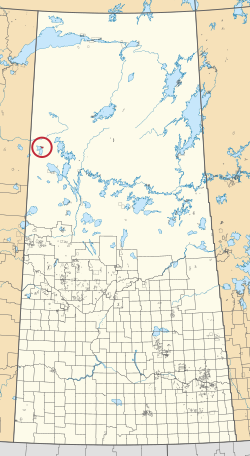 A map of the province of Saskatchewan showing 297 rural municipalities and hundreds of small Indian reserves. One is highlighted with a red circle.