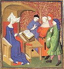 enluminure aux couleurs vives représentant face à quatre hommes une femme en longue robe bleue assise sur une cathèdre avec un gros livre